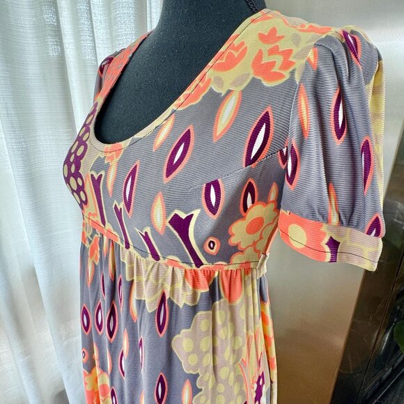 Vintage 70s dress, coral, grey, yellow floral, boho maxi with empire waist - Picture 3 of 10